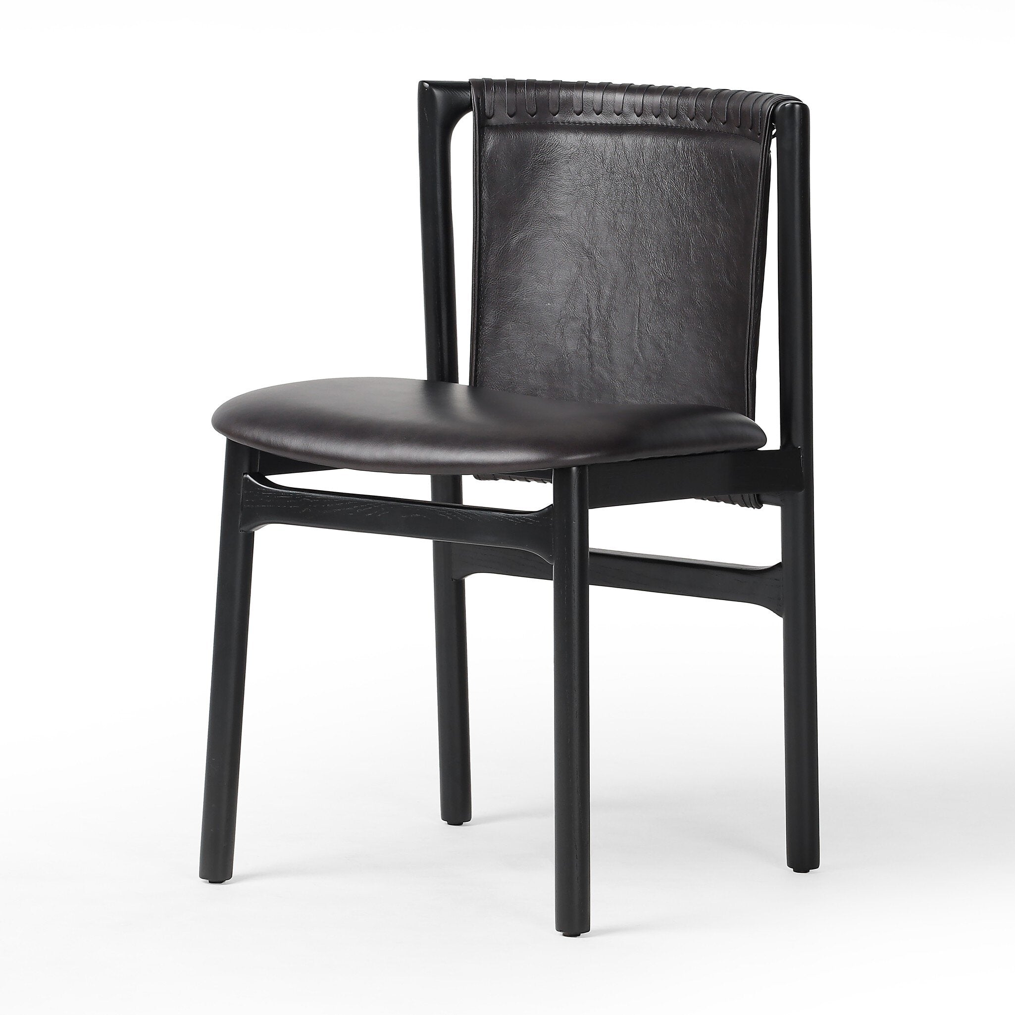 Distressed Top-Grain Black Leather Dining Chair