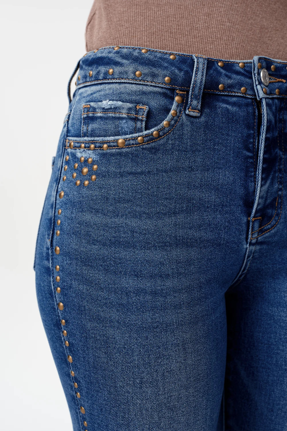 Rivet Embellished High Rise Bootcut Jeans