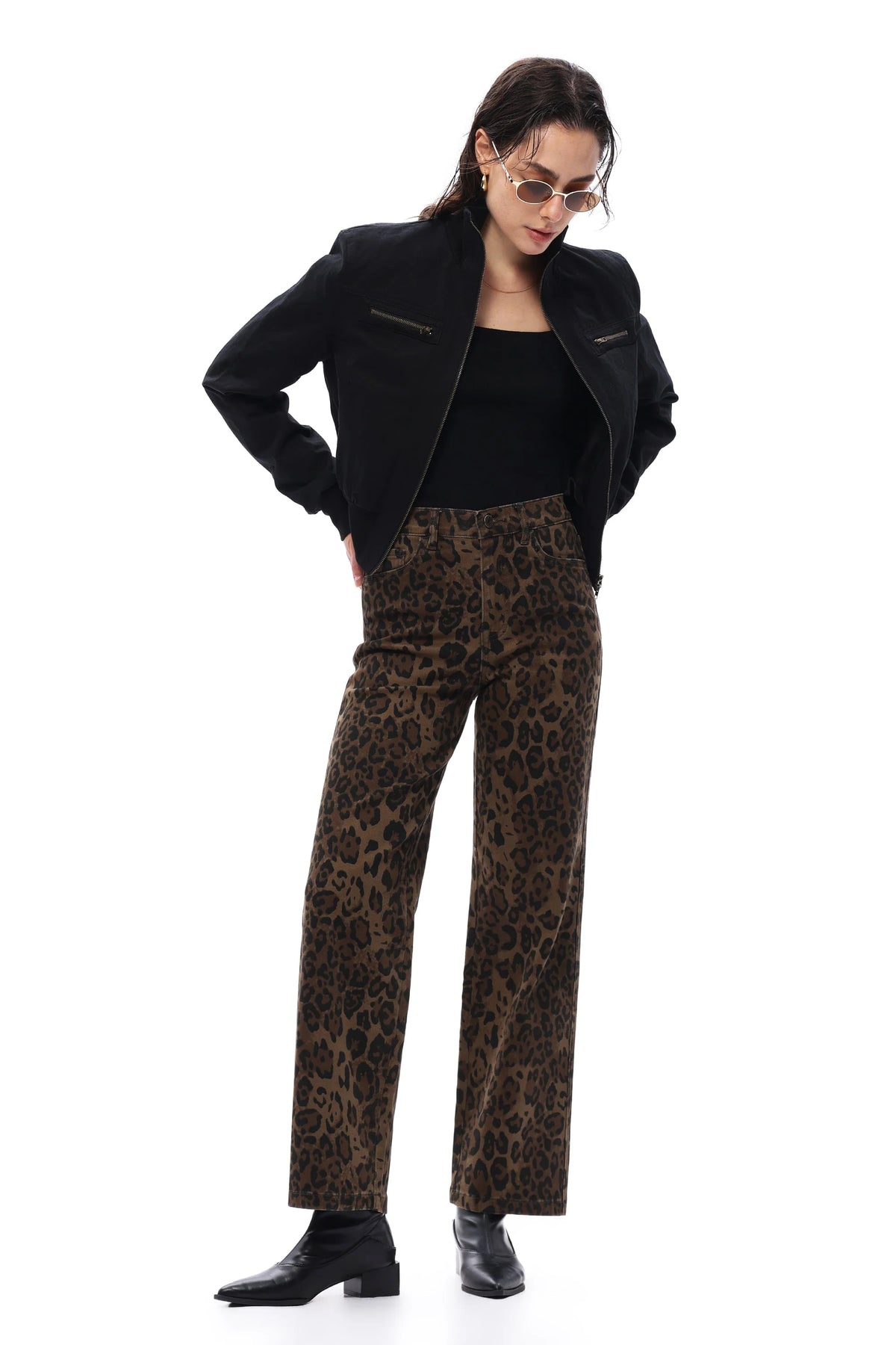 High Rise Leopard Print Straight Leg Pants