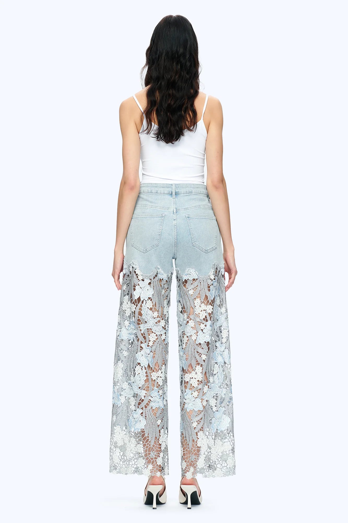 Embroidered Wide-Leg Lace Jeans With Rhinestone