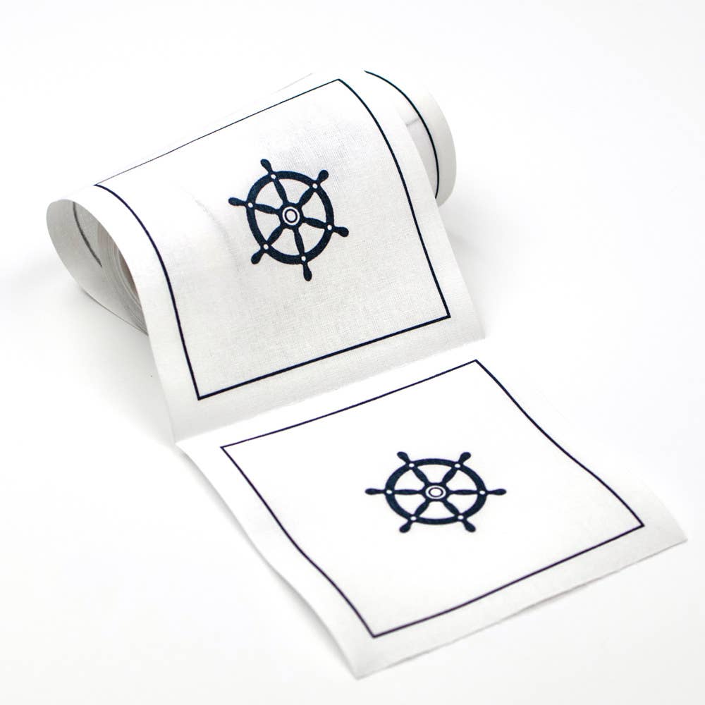 Cotton Cocktail Napkin Roll: Captain’s Table (White with Nav
