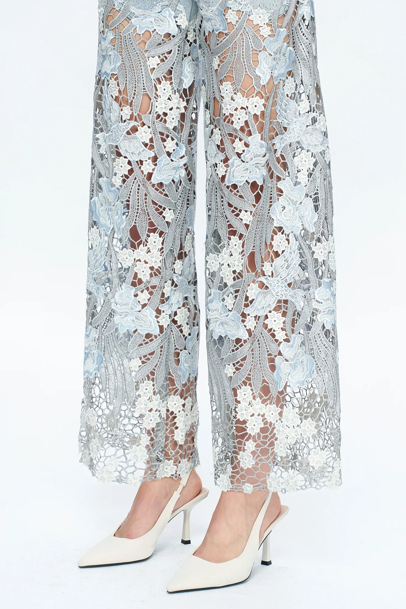 Embroidered Wide-Leg Lace Jeans With Rhinestone