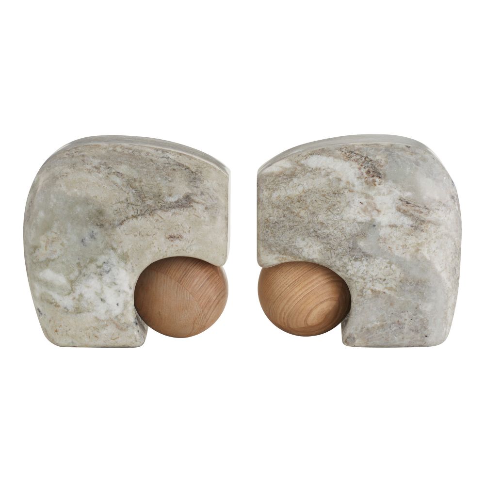 Grey Marble & Oak Sphere Bookends, S/2
