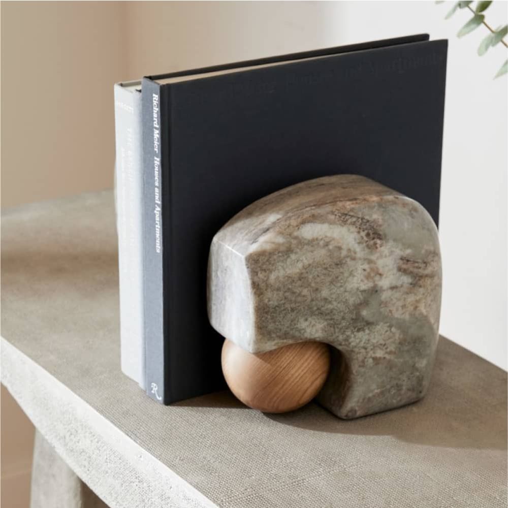 Grey Marble & Oak Sphere Bookends, S/2