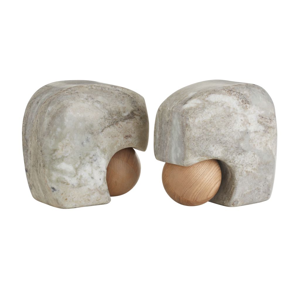 Grey Marble & Oak Sphere Bookends, S/2