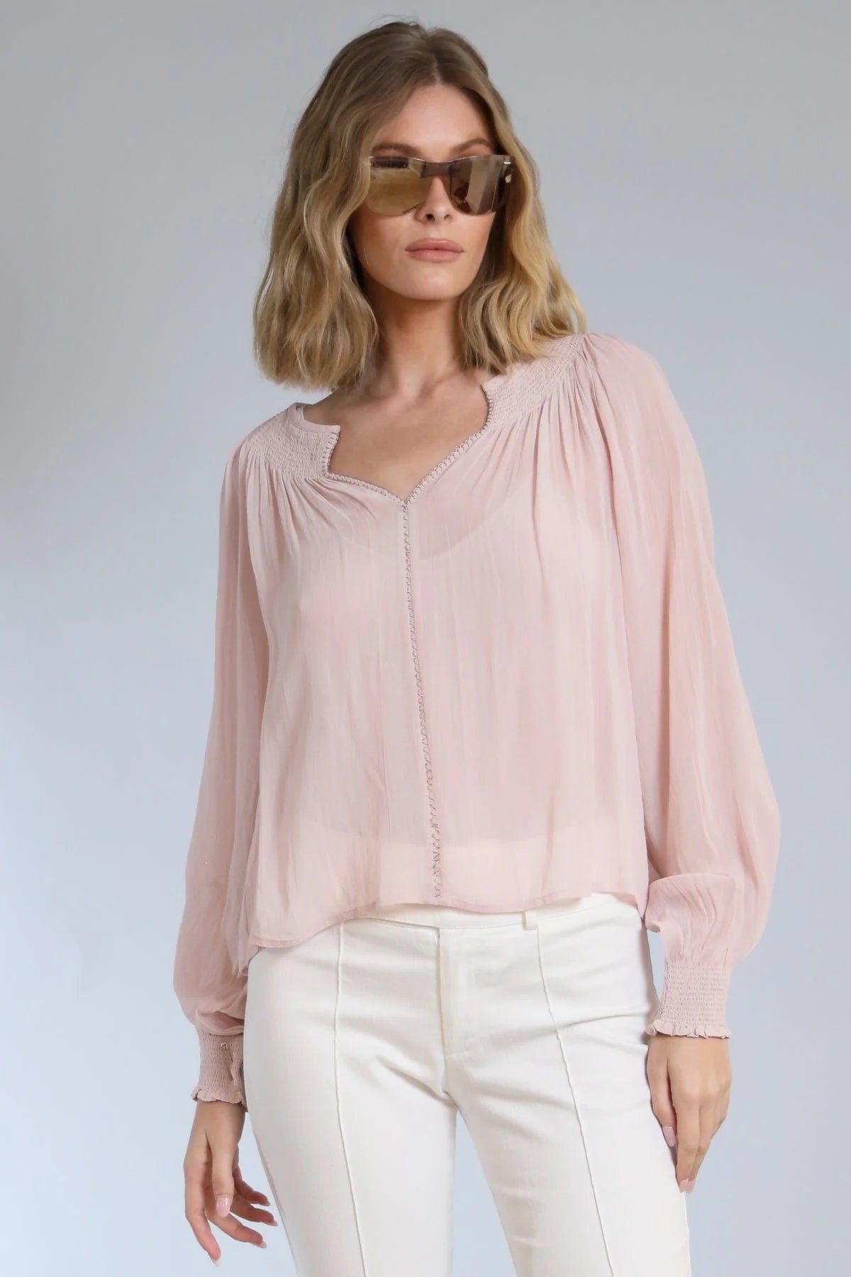 Smocked Neckline Long Sleeve Top
