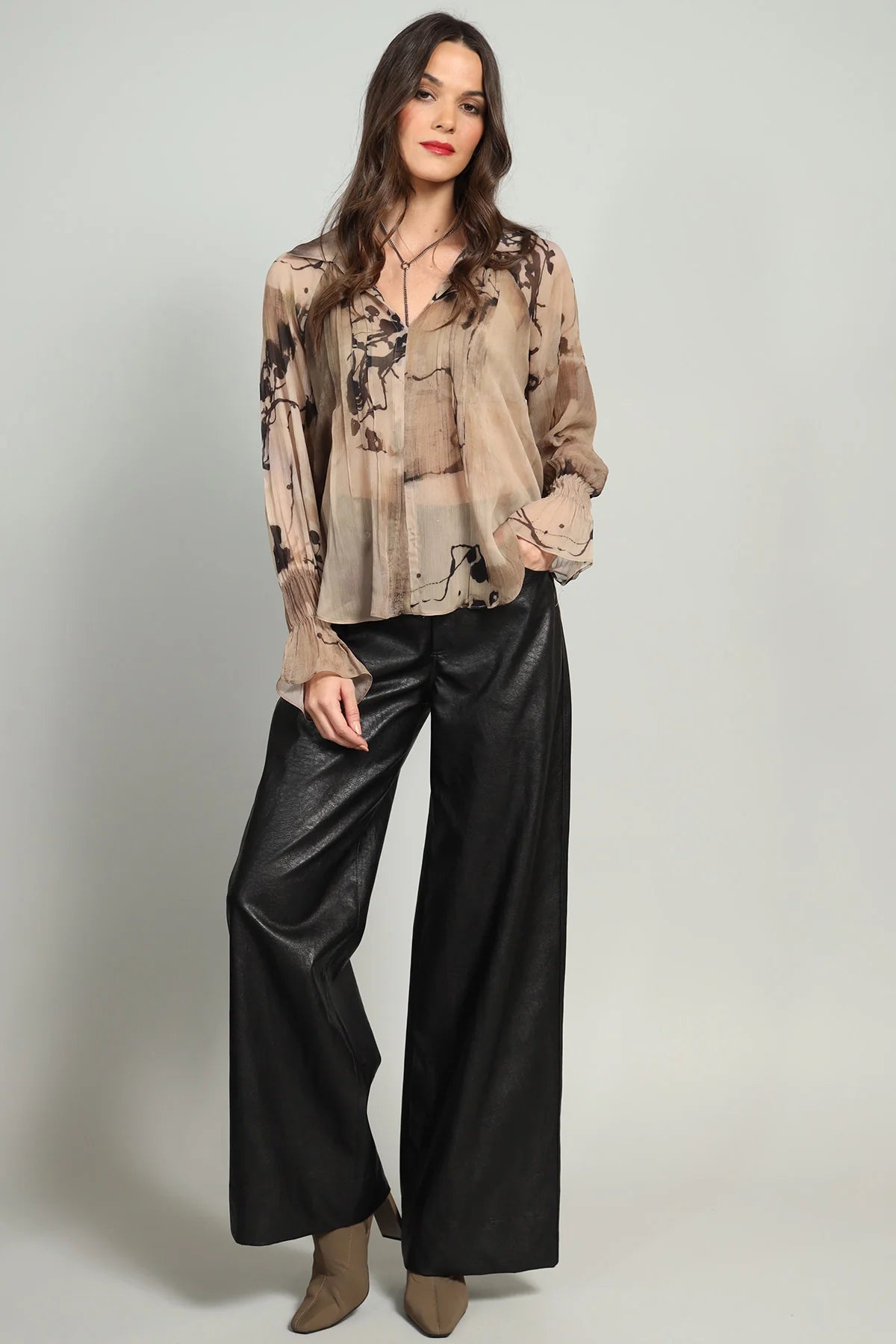 Sandy Ink Drawing Pintuck Chiffon Top