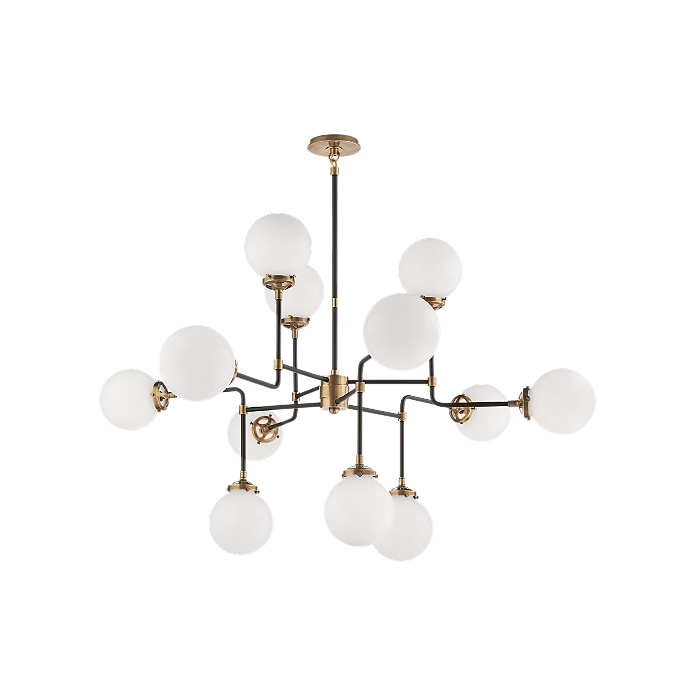 Bistro Medium Chandelier in Hand-Rubbed Antique Brass with White Glass