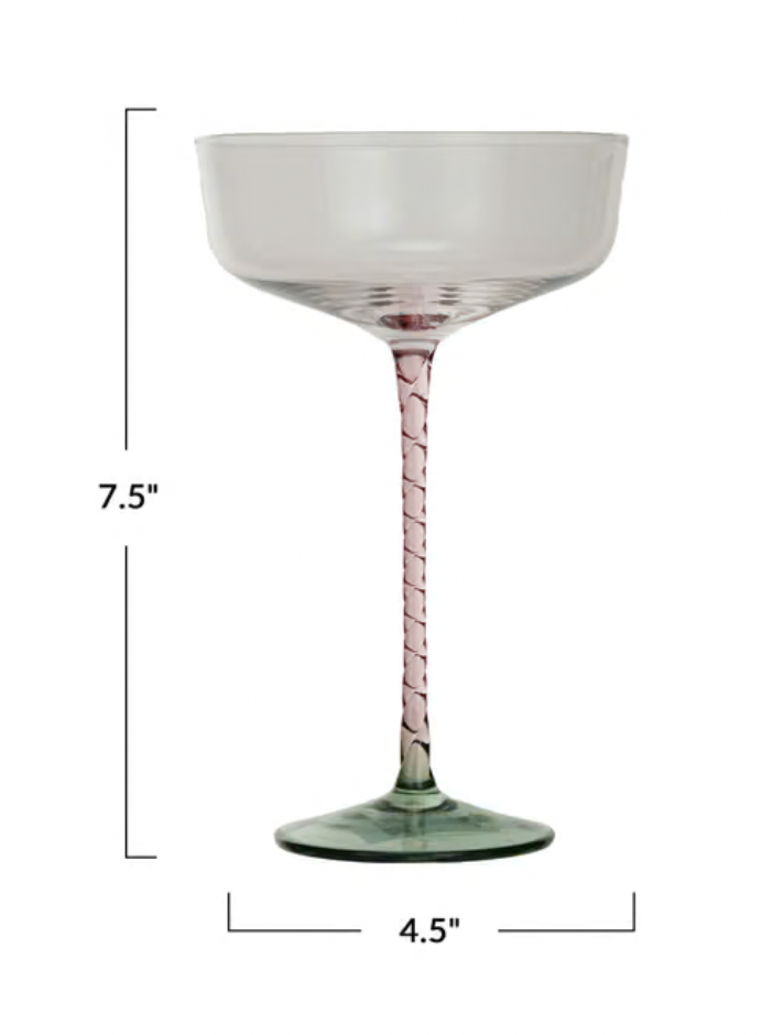 Stemmed Champagne/Coupe Glass w/ Pink Stem & Green Base