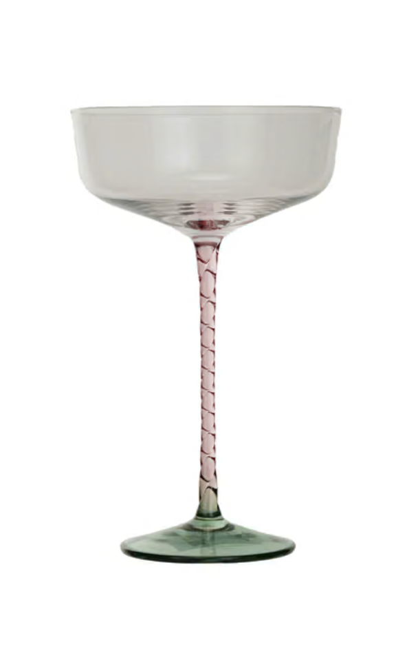 Stemmed Champagne/Coupe Glass w/ Pink Stem & Green Base