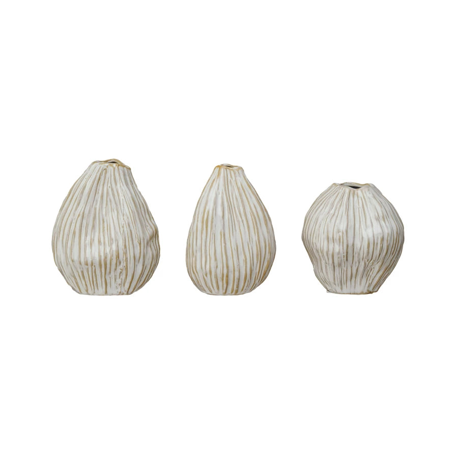 Stoneware Pleated Organic Shaped Vases, Set of 3