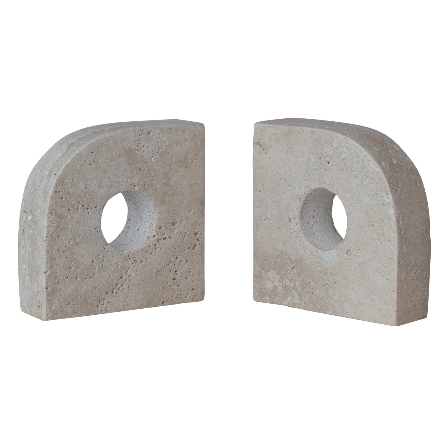 Travertine Bookends w/ Circle Cut-Outs, Set of 2