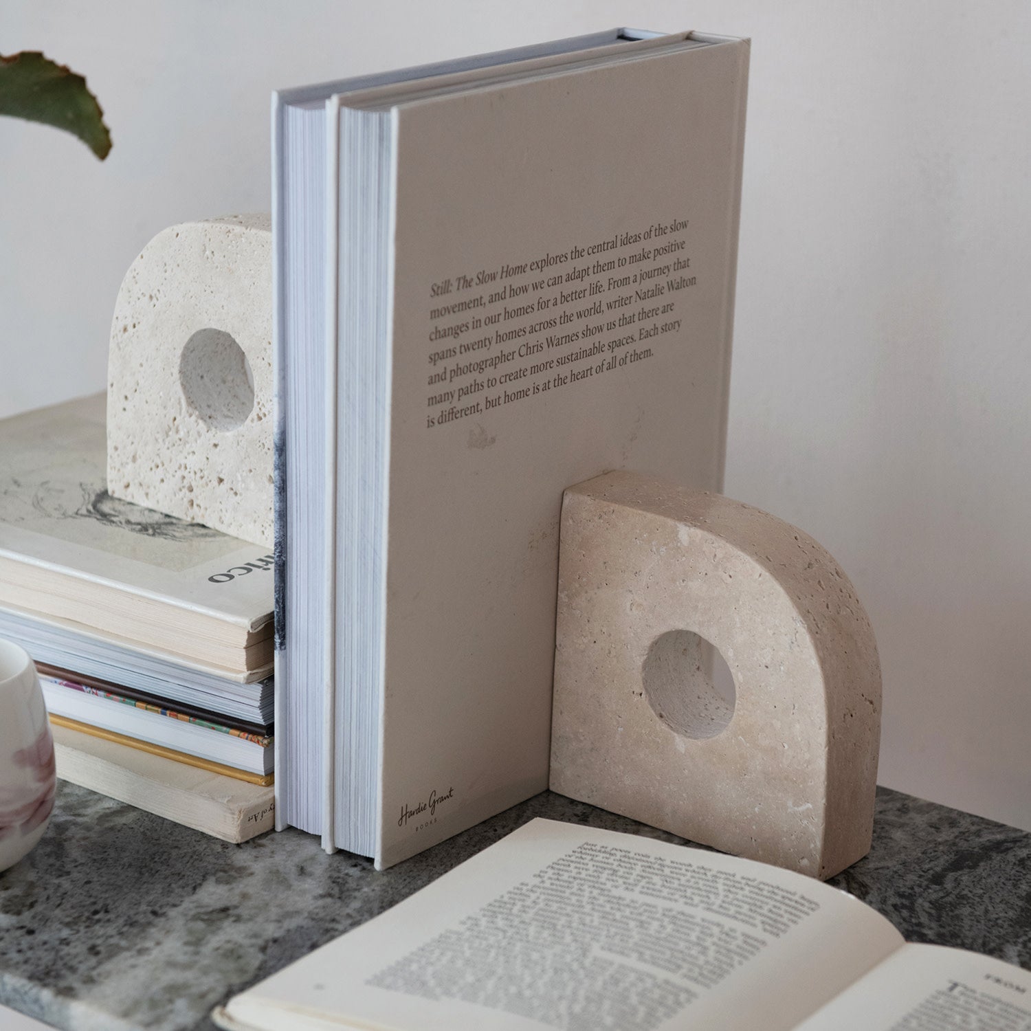 Travertine Bookends w/ Circle Cut-Outs, Set of 2