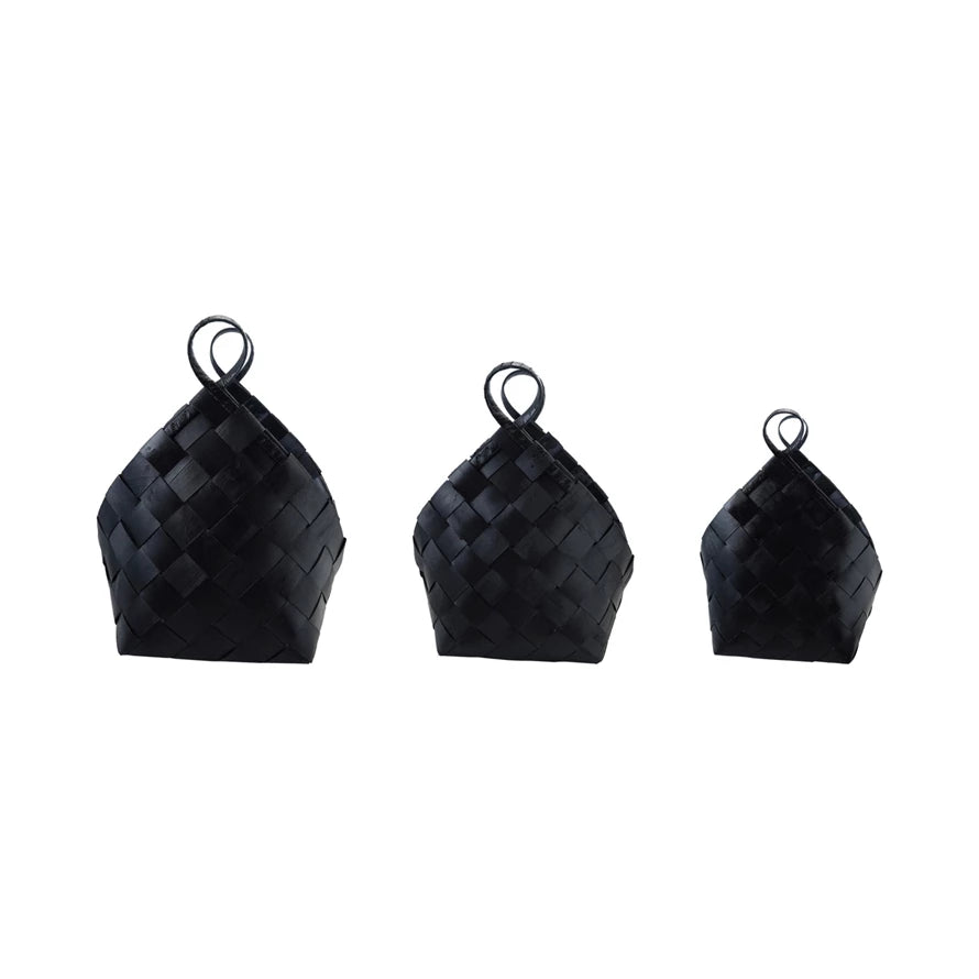 Black Woven Wood Baskets with Handles, Set of 3