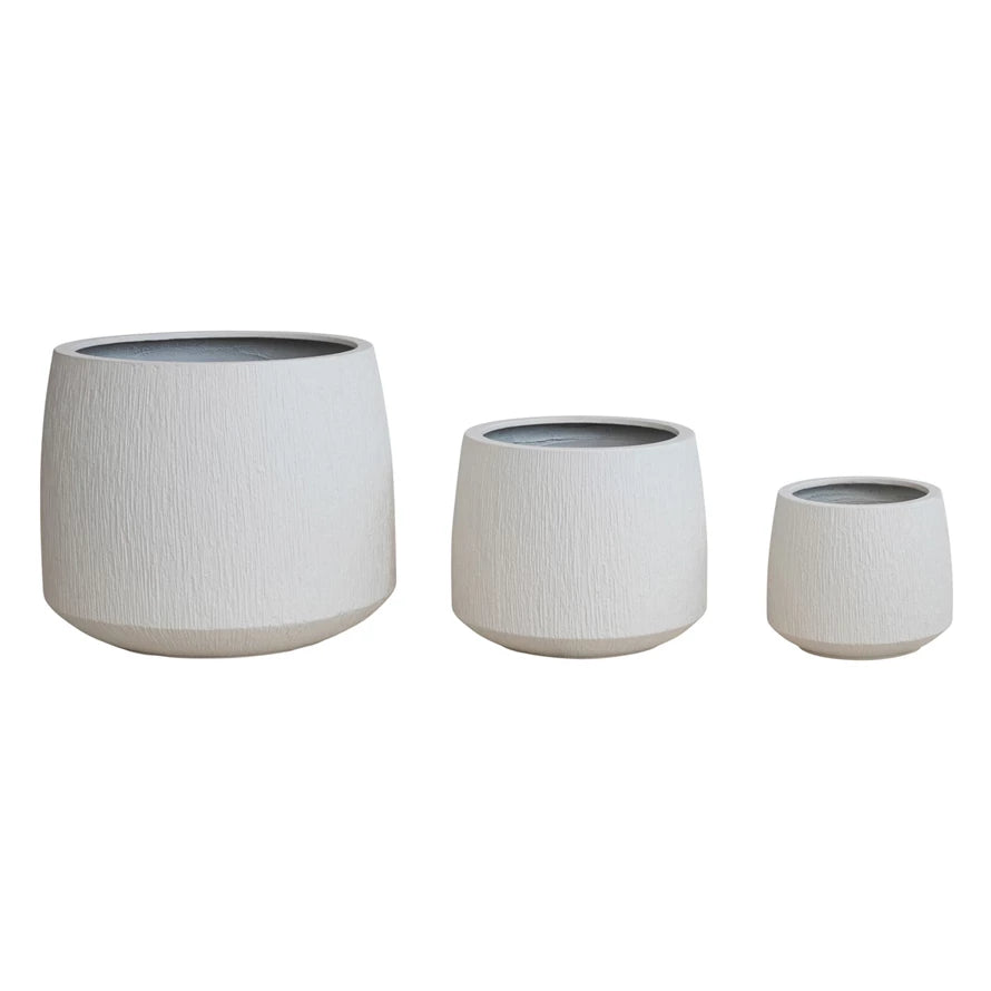 White Eco Stone Indoor/Outdoor Grooved Planters, S/3