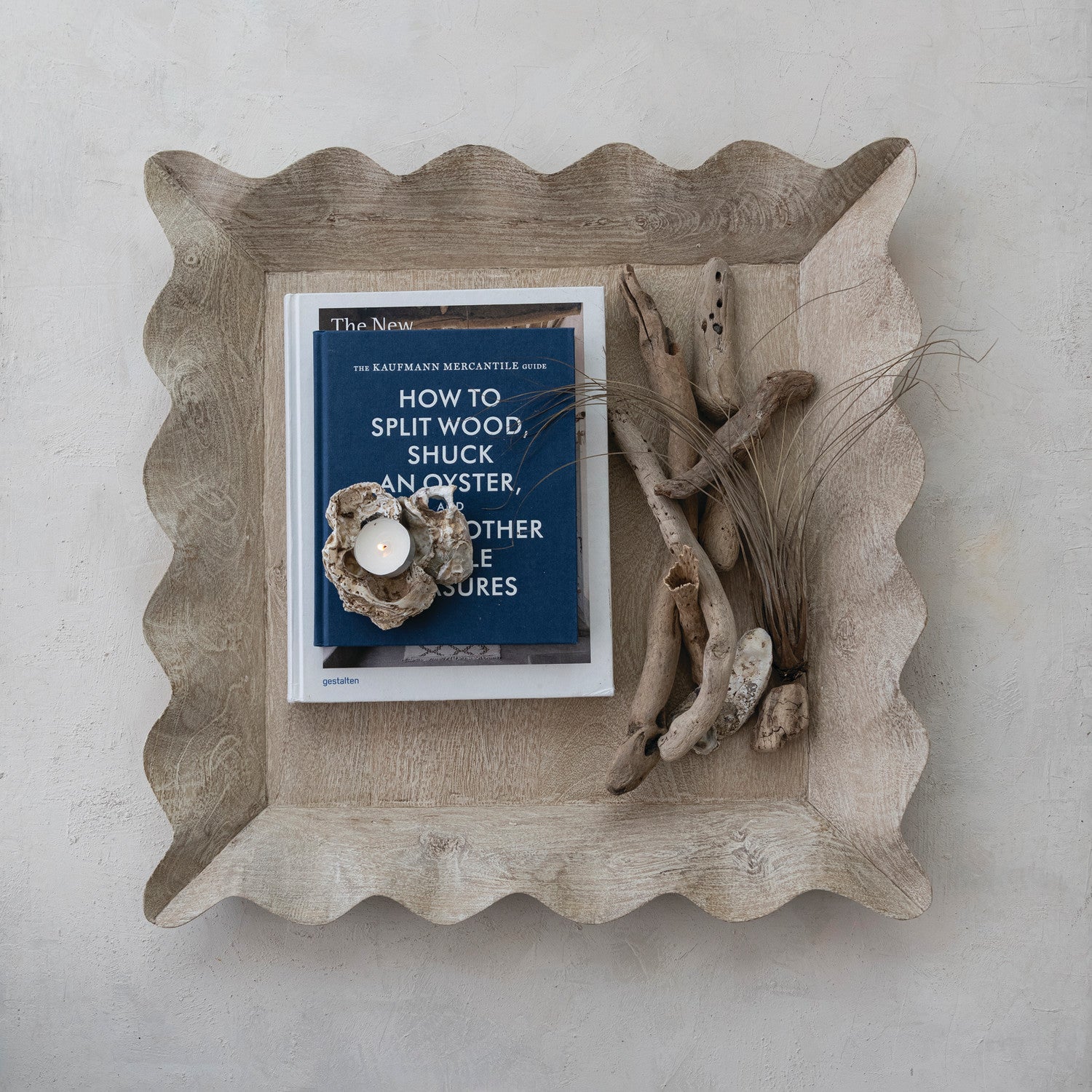 Whitewashed Mango Wood Scalloped Tray
