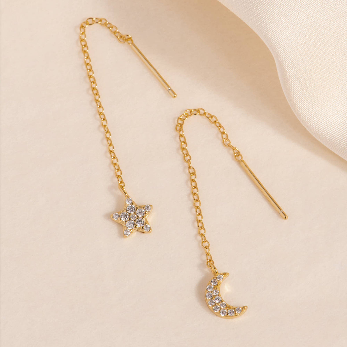 Pave Moon and Star Threader Earrings
