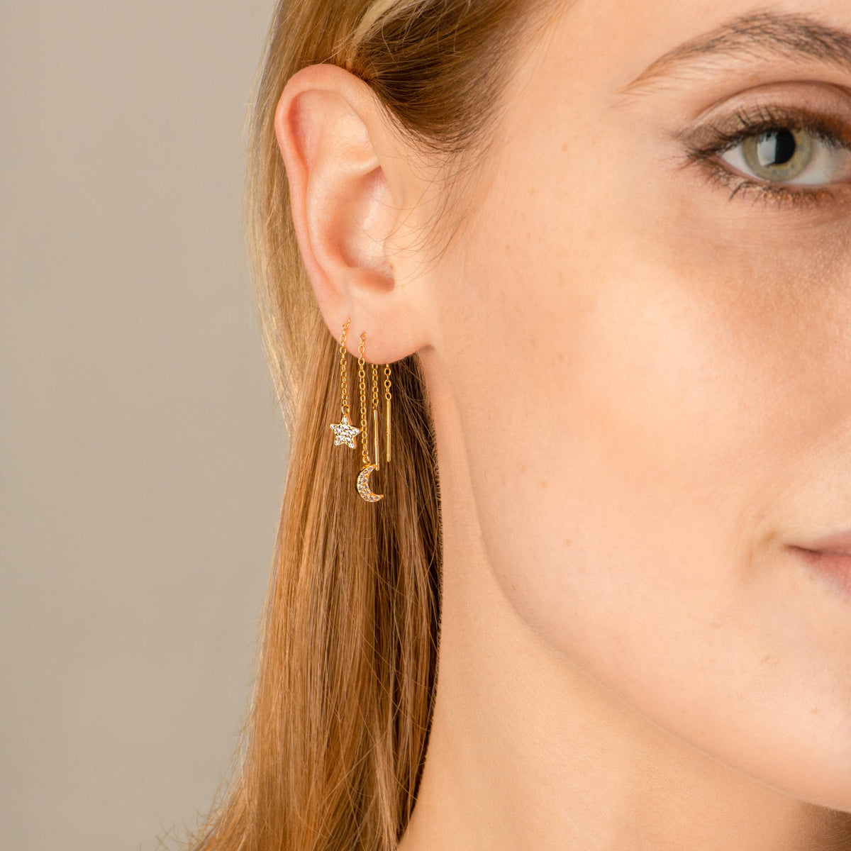 Pave Moon and Star Threader Earrings