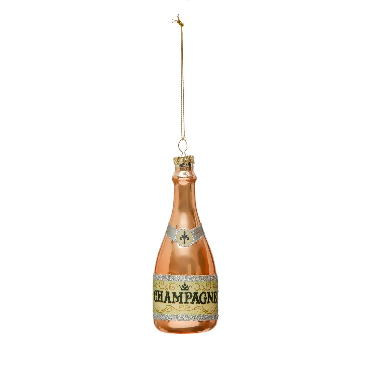 Rose Gold Glass Champagne Bottle Ornament w/ Glitter, 5-1/2"