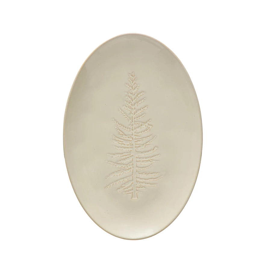 White Oval Debossed Stoneware Platter w/ Tree Design