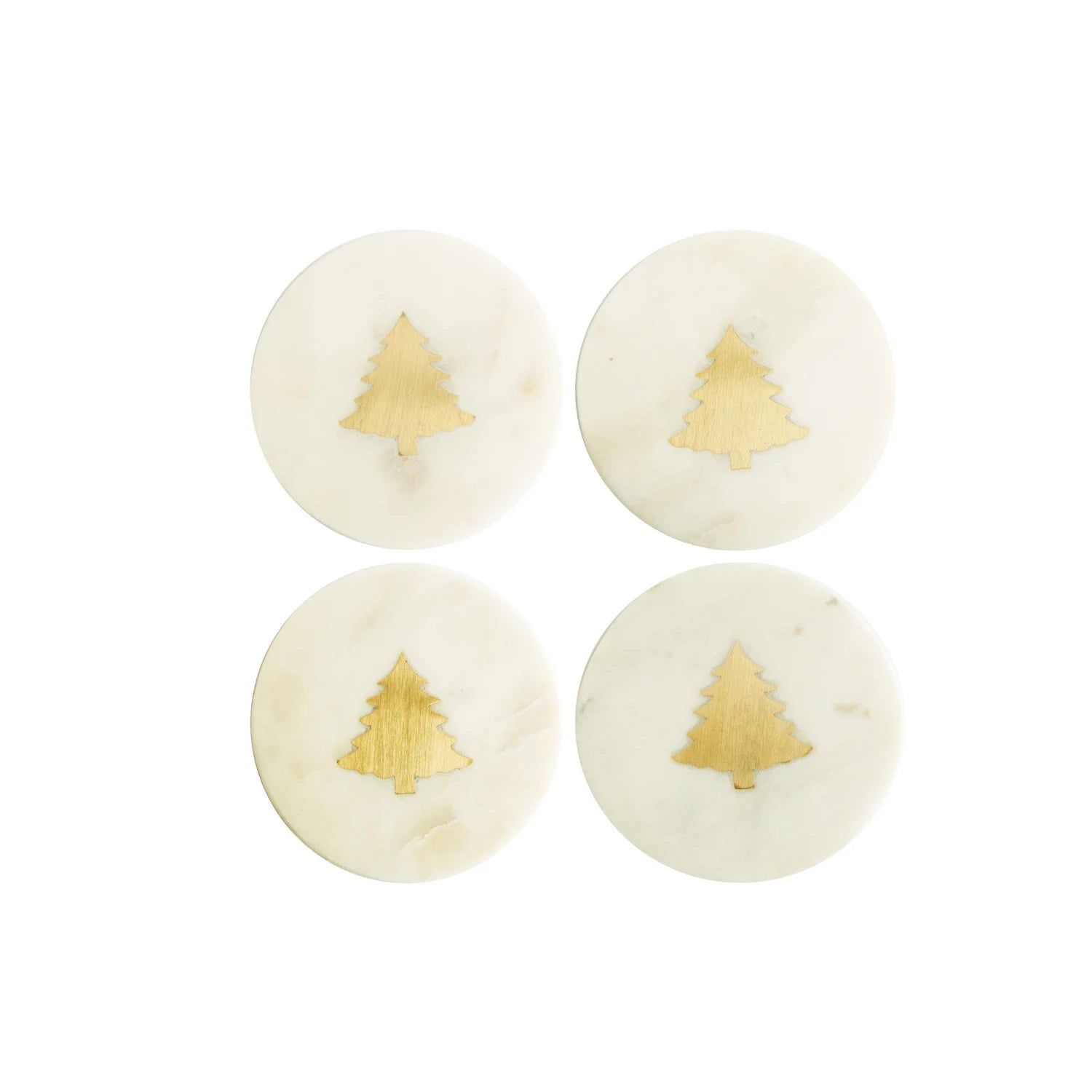 White Marble Coasters w/ Brass Tree Inlay, Set of 4