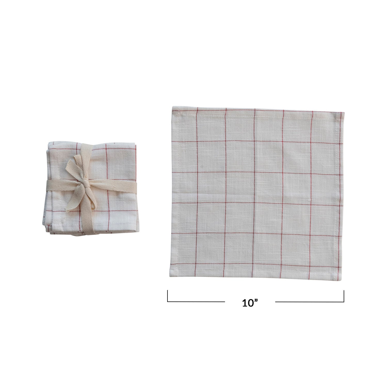 Cotton Cocktail Napkins w/ Metallic Red Grid Pattern, Set of 4