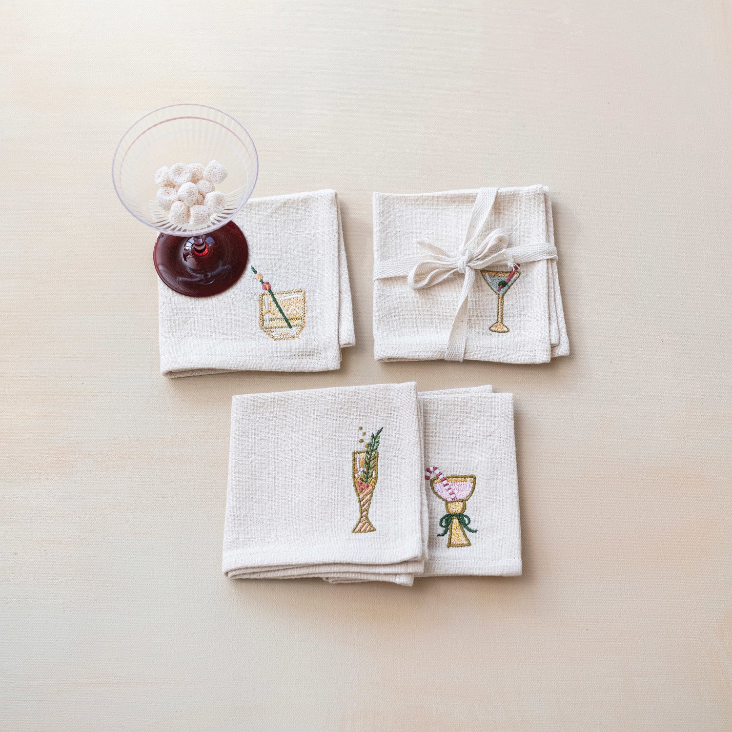 Cotton Cocktail Napkins w/ Embroidered Holiday Cocktails, Set of 4