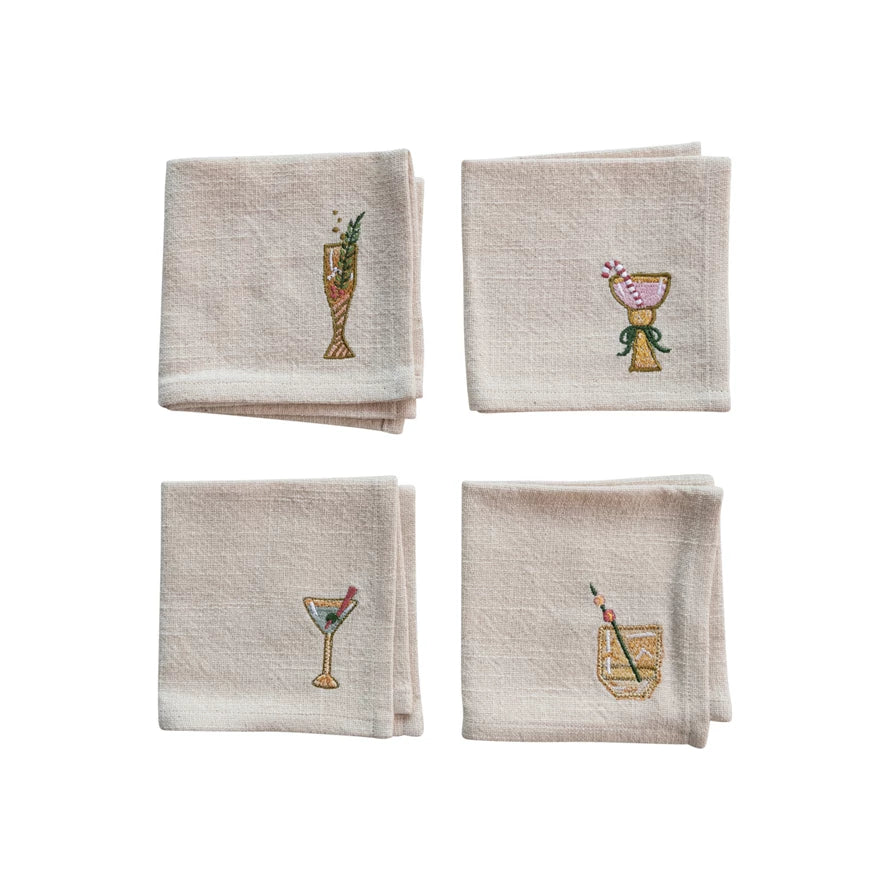 Cotton Cocktail Napkins w/ Embroidered Holiday Cocktails, Set of 4