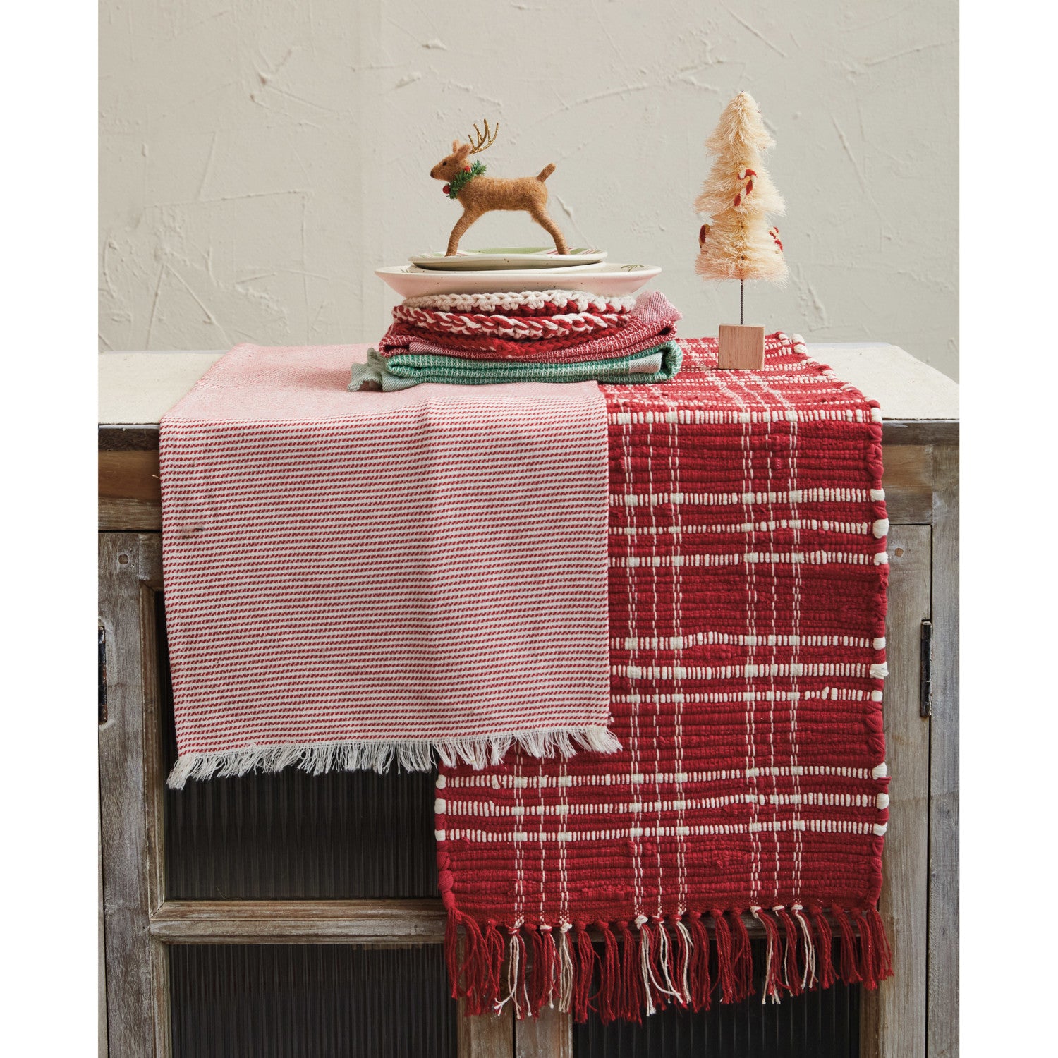 Woven Cotton Table Runner w/ Red & White Stripes, Fringe Edge