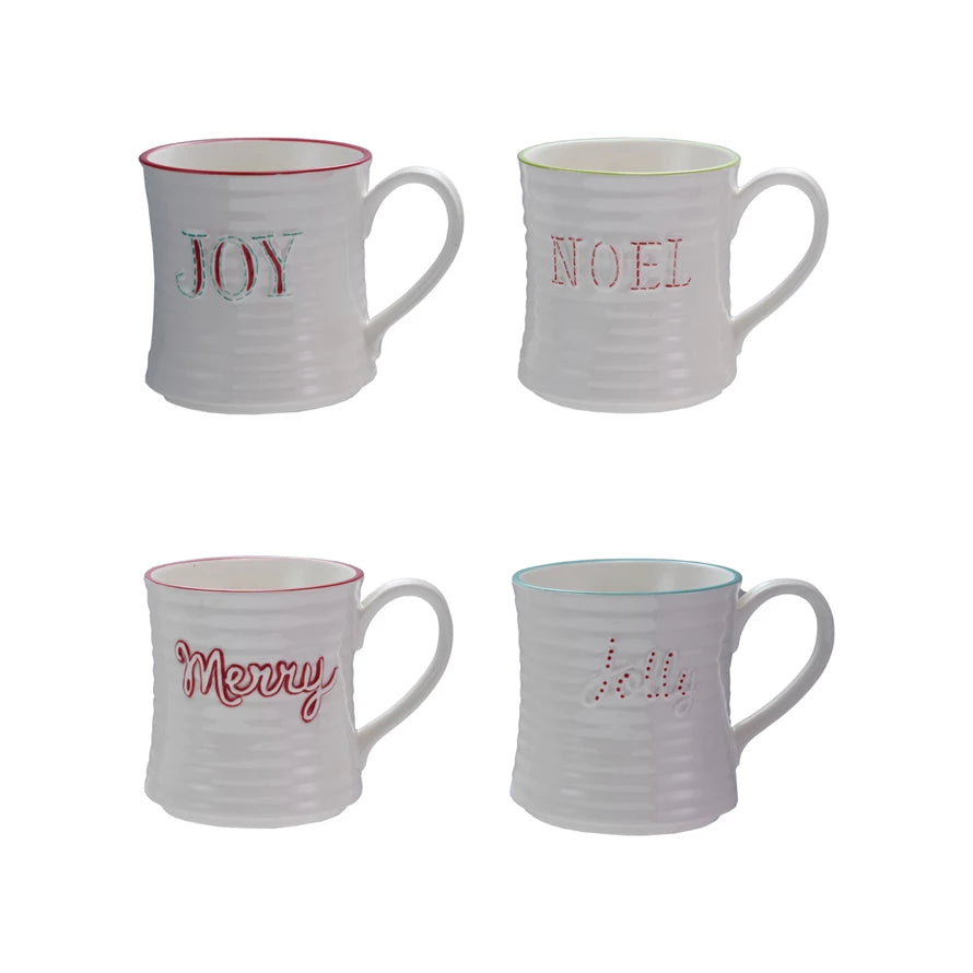 Embossed Stoneware Mug with Colored Rim, 4 Styles