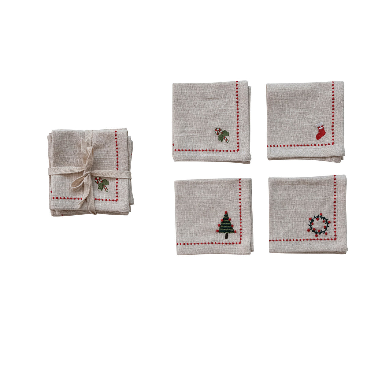 Cotton Cocktail Napkins w/ Embroidered Holiday Icons, S/4