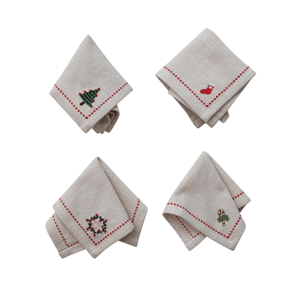 Cotton Cocktail Napkins w/ Embroidered Holiday Icons, S/4