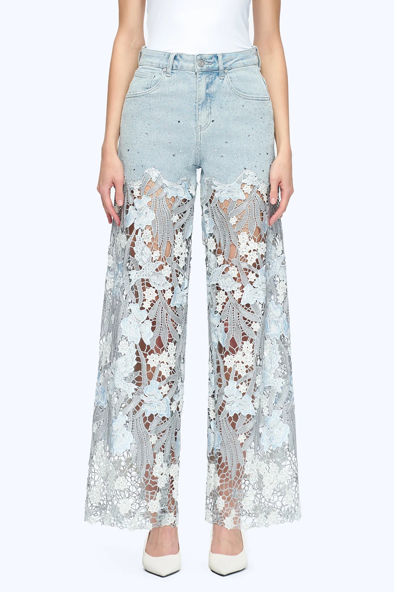 Embroidered Wide-Leg Lace Jeans With Rhinestone