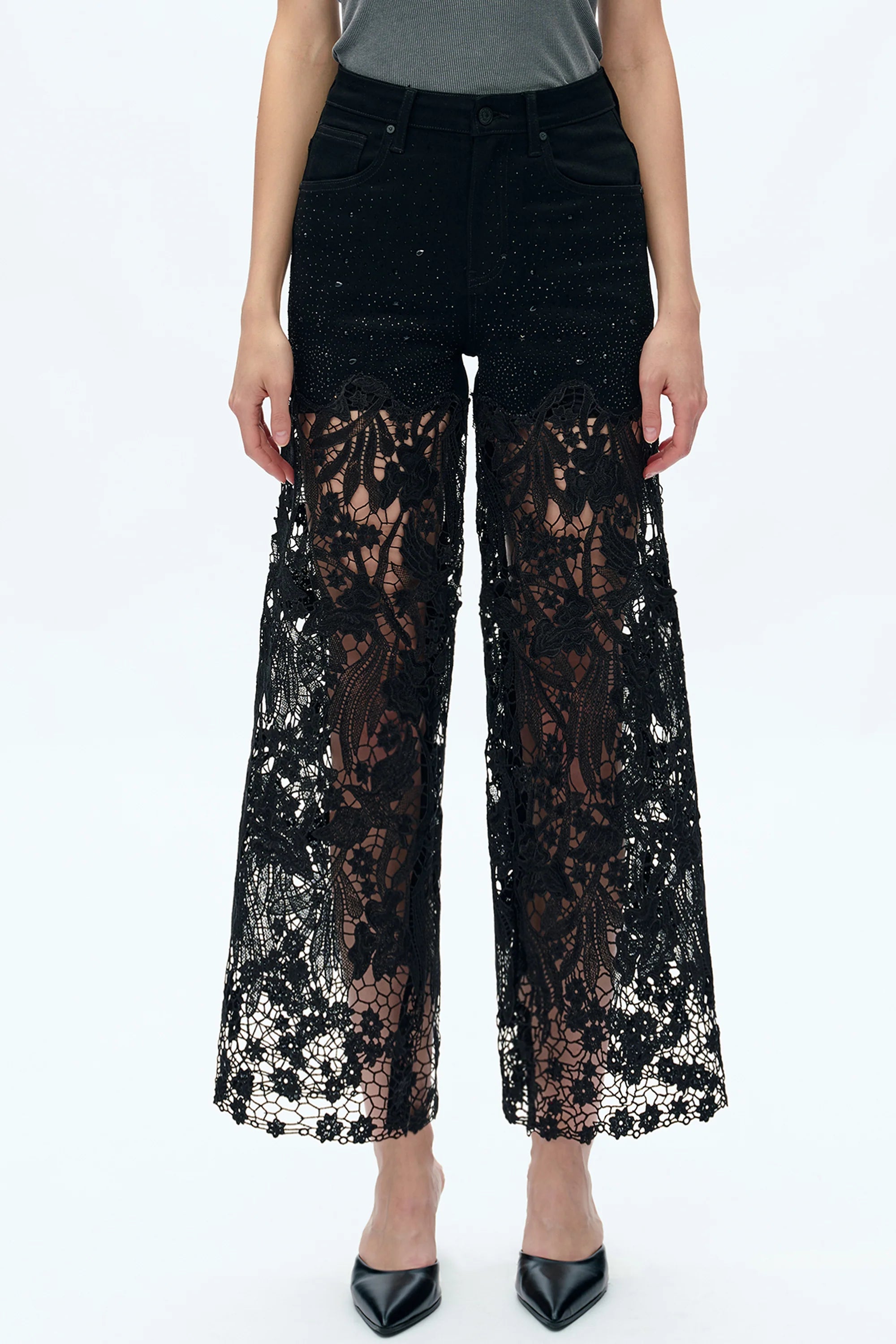 Embroidered Wide-Leg Lace Jeans With Rhinestone