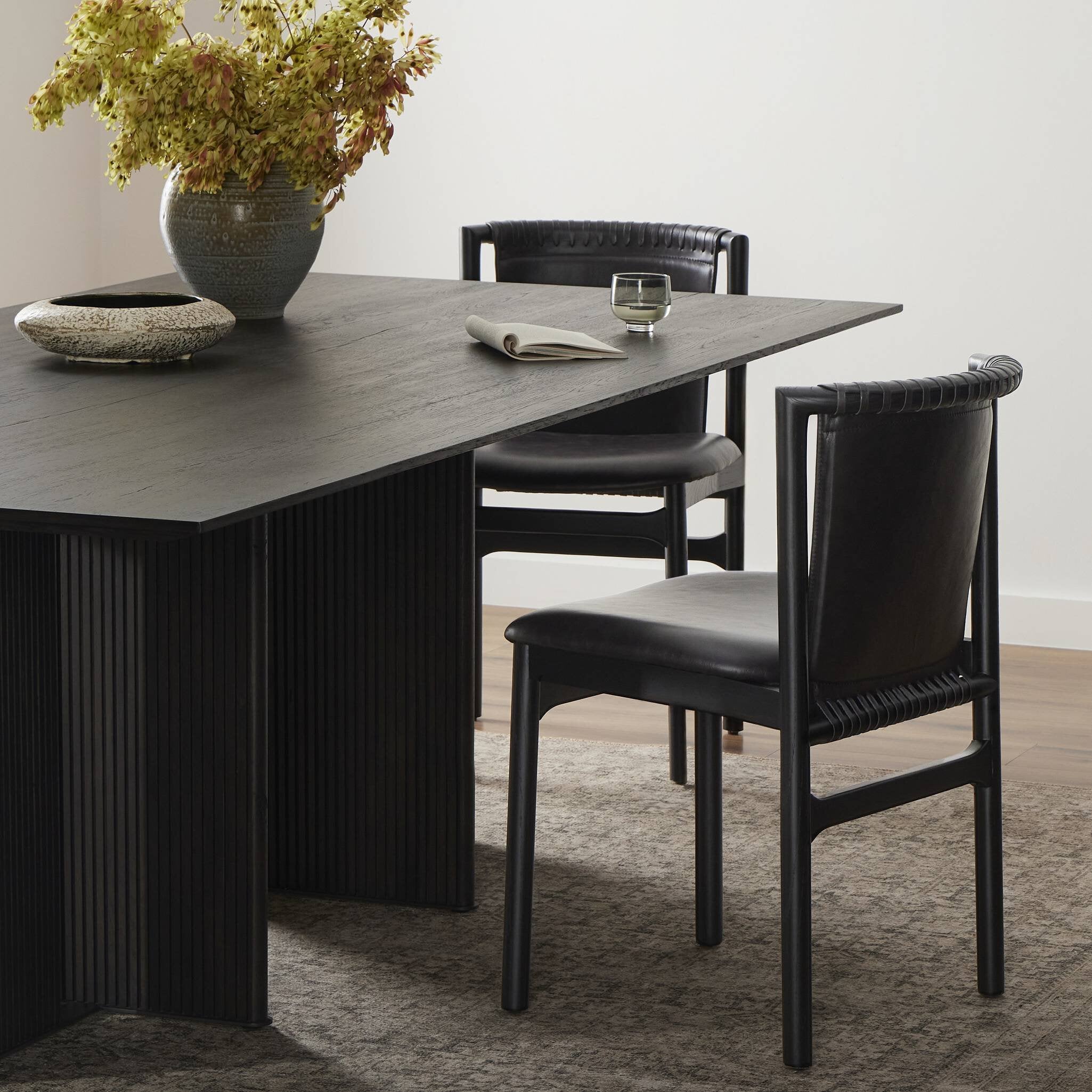 Distressed Top-Grain Black Leather Dining Chair