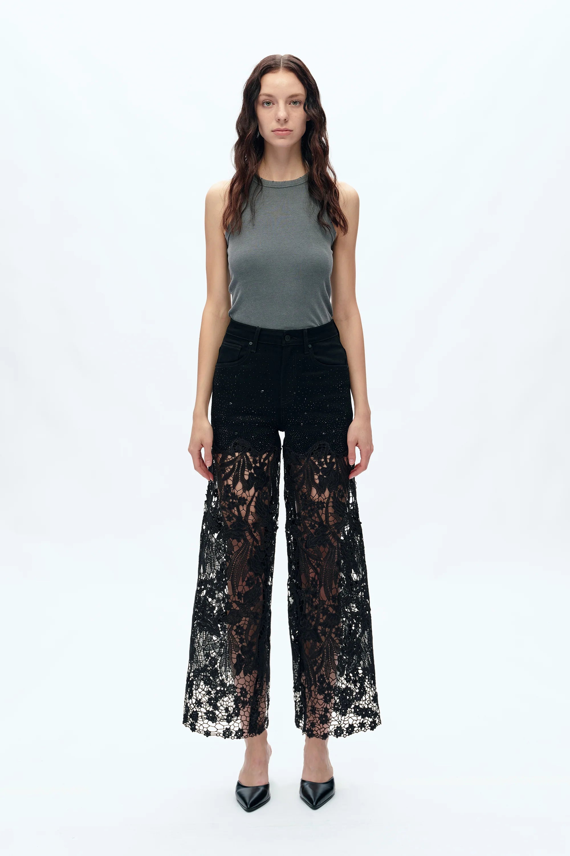 Embroidered Wide-Leg Lace Jeans With Rhinestone