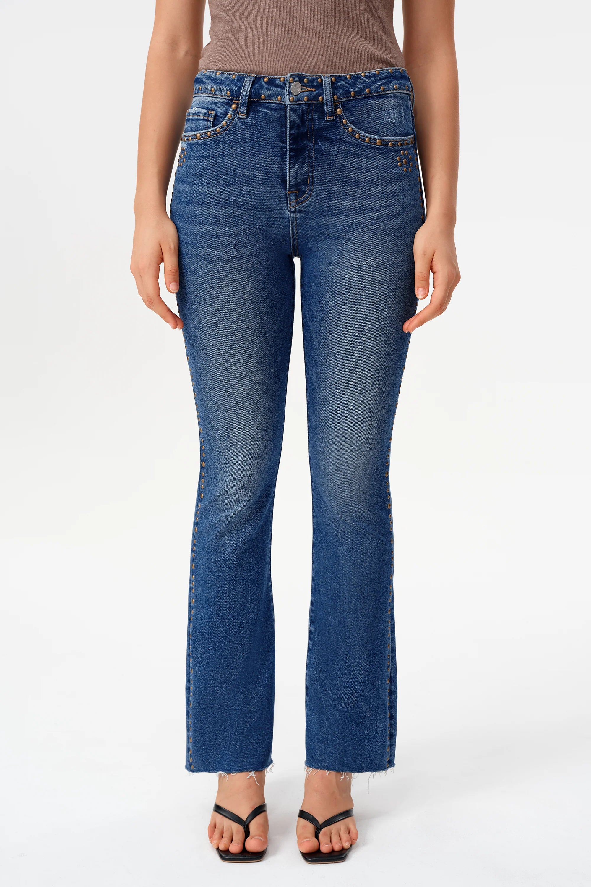 Rivet Embellished High Rise Bootcut Jeans