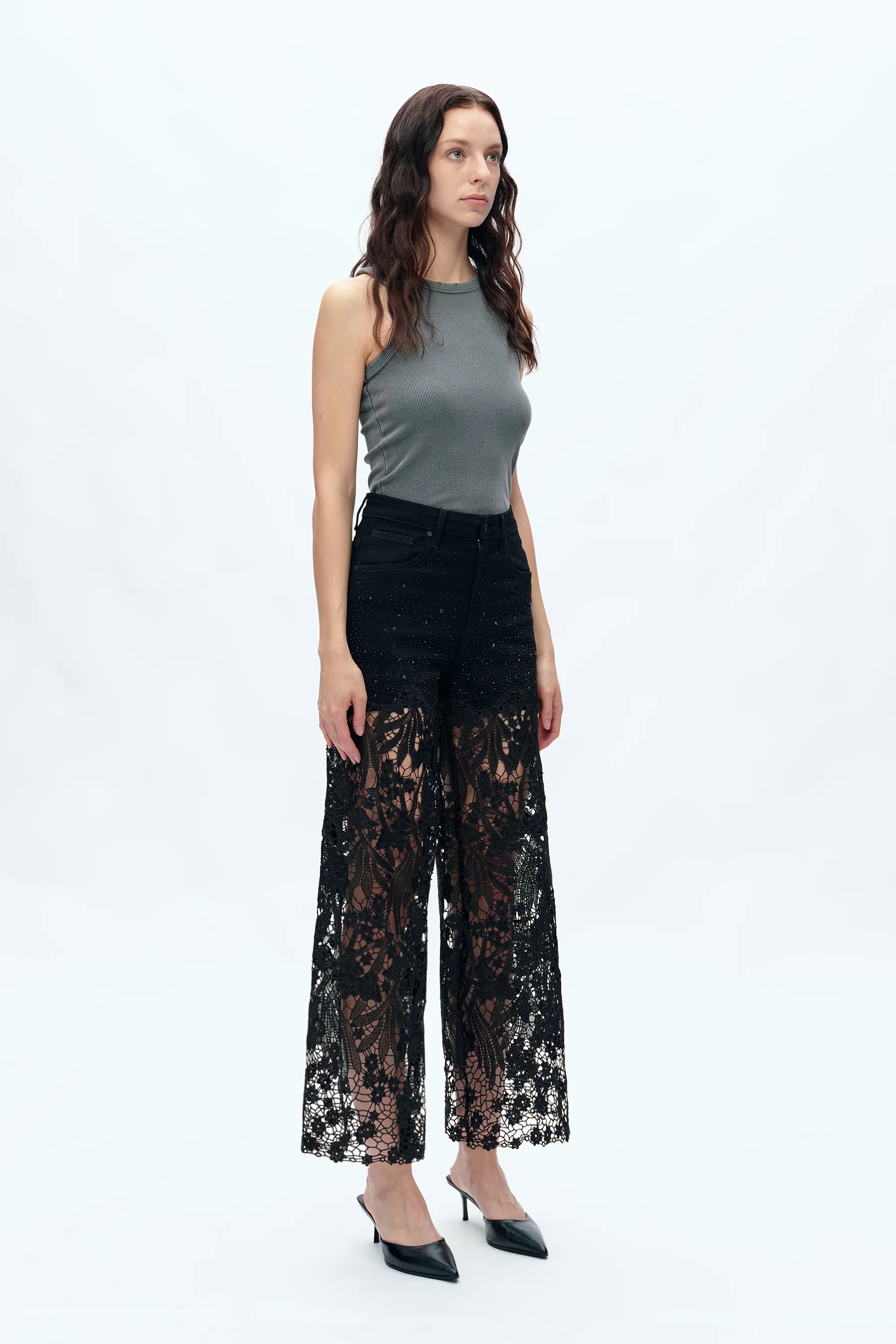 Embroidered Wide-Leg Lace Jeans With Rhinestone
