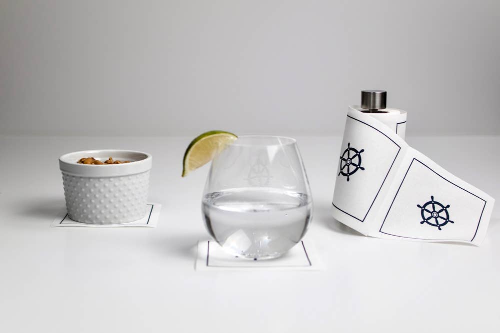 Cotton Cocktail Napkin Roll: Captain’s Table (White with Nav