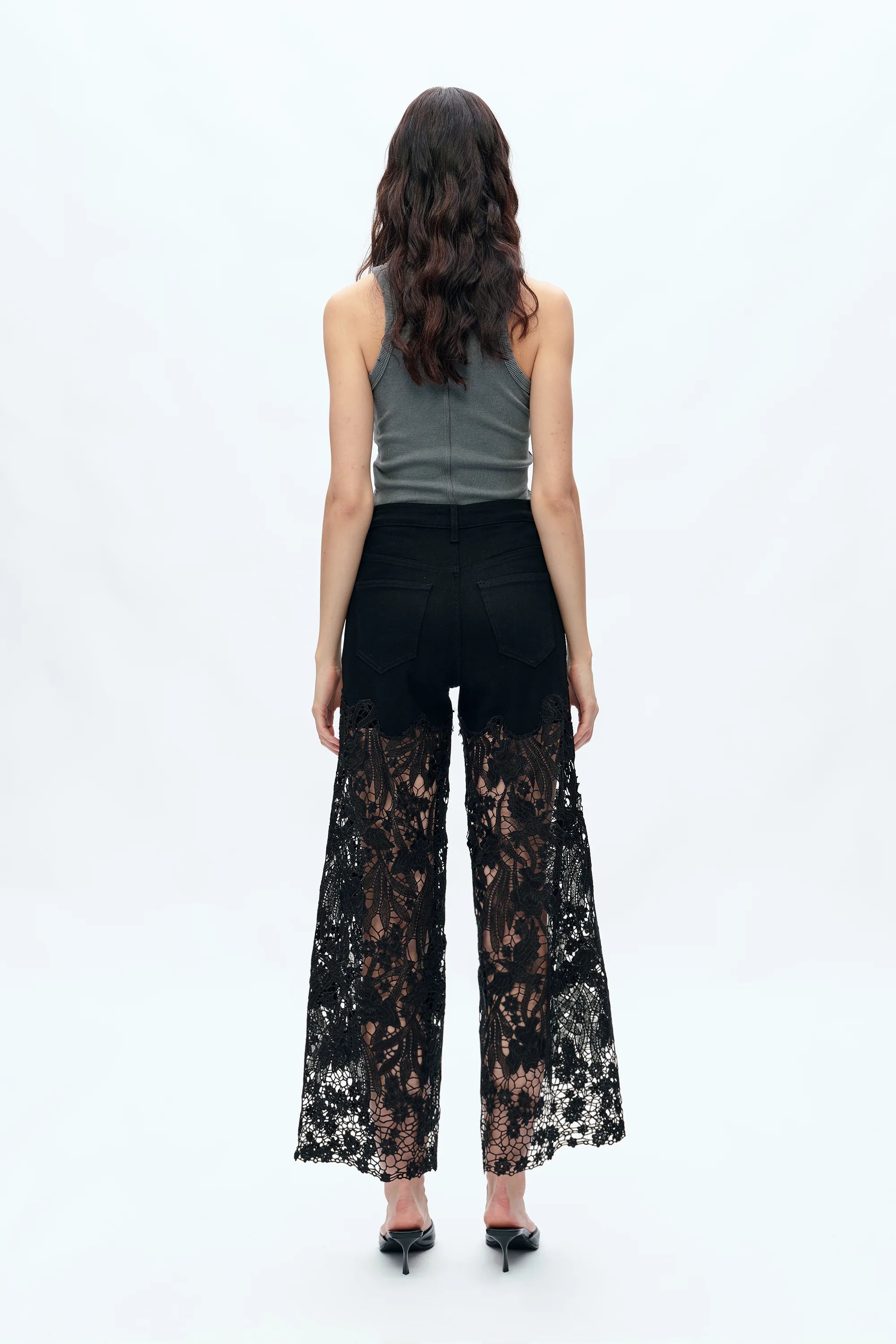 Embroidered Wide-Leg Lace Jeans With Rhinestone