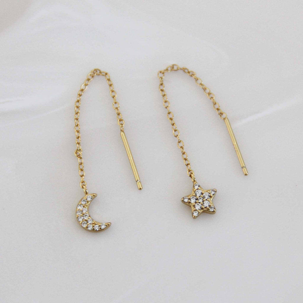 Pave Moon and Star Threader Earrings