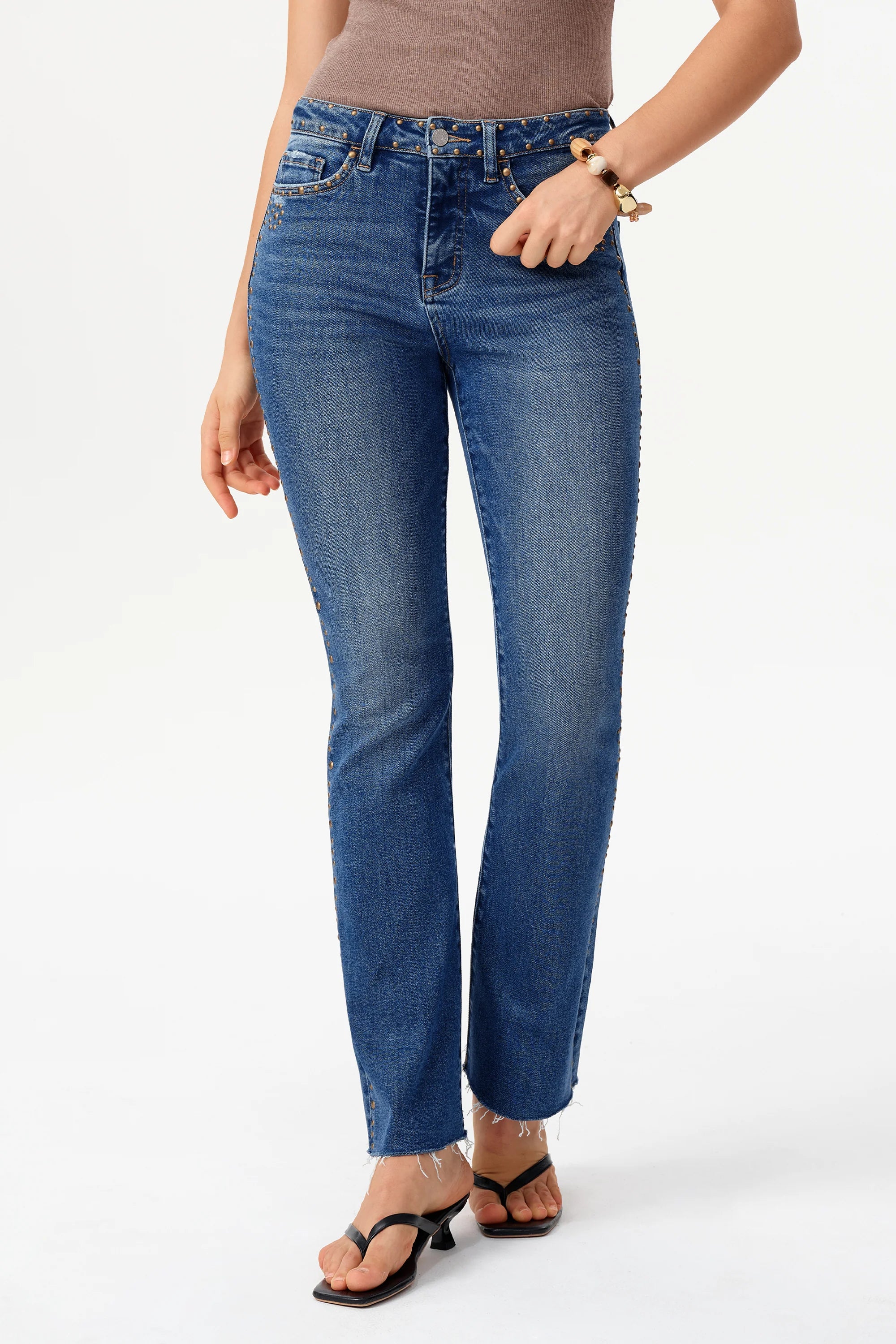 Rivet Embellished High Rise Bootcut Jeans