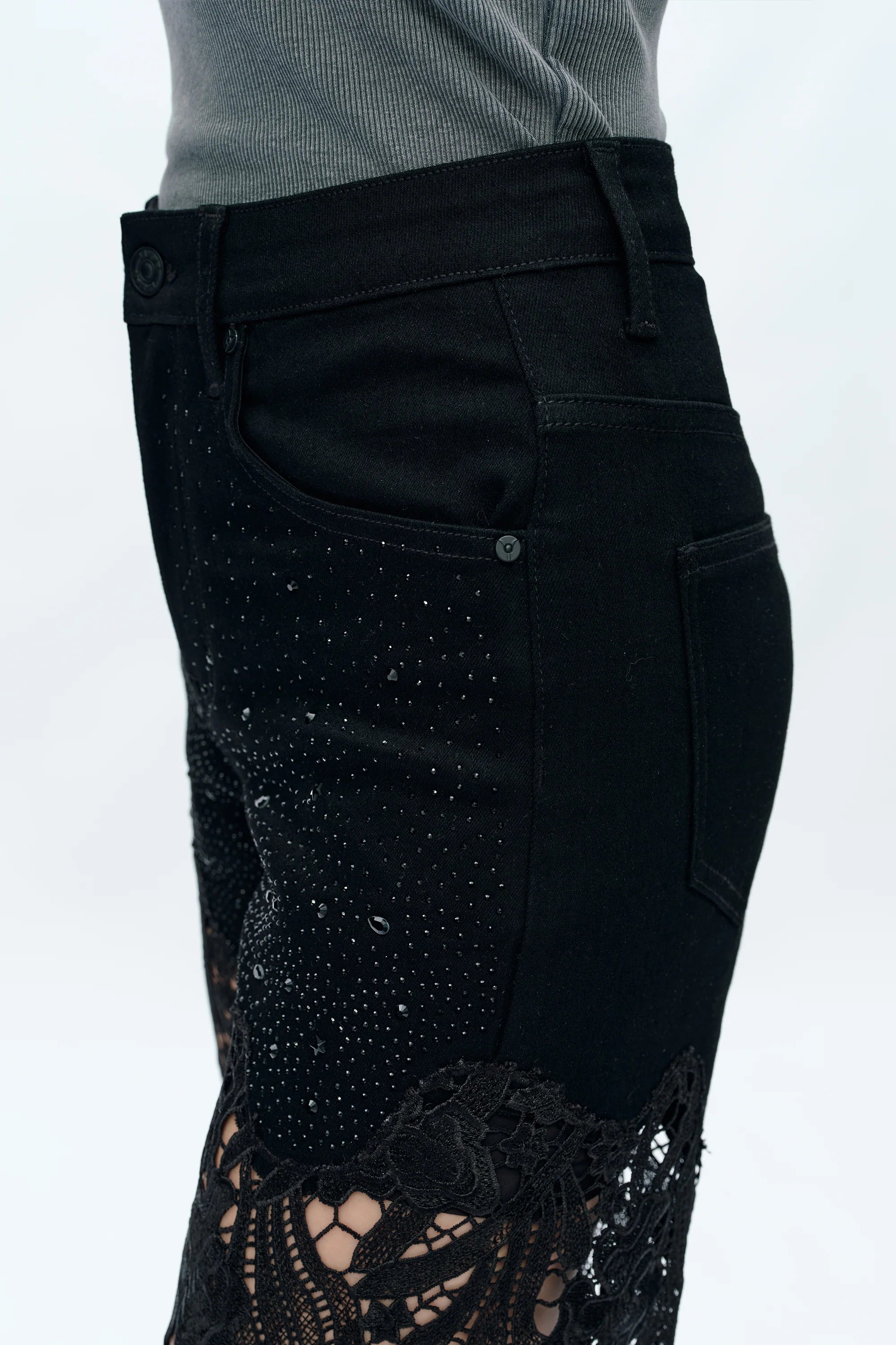 Embroidered Wide-Leg Lace Jeans With Rhinestone