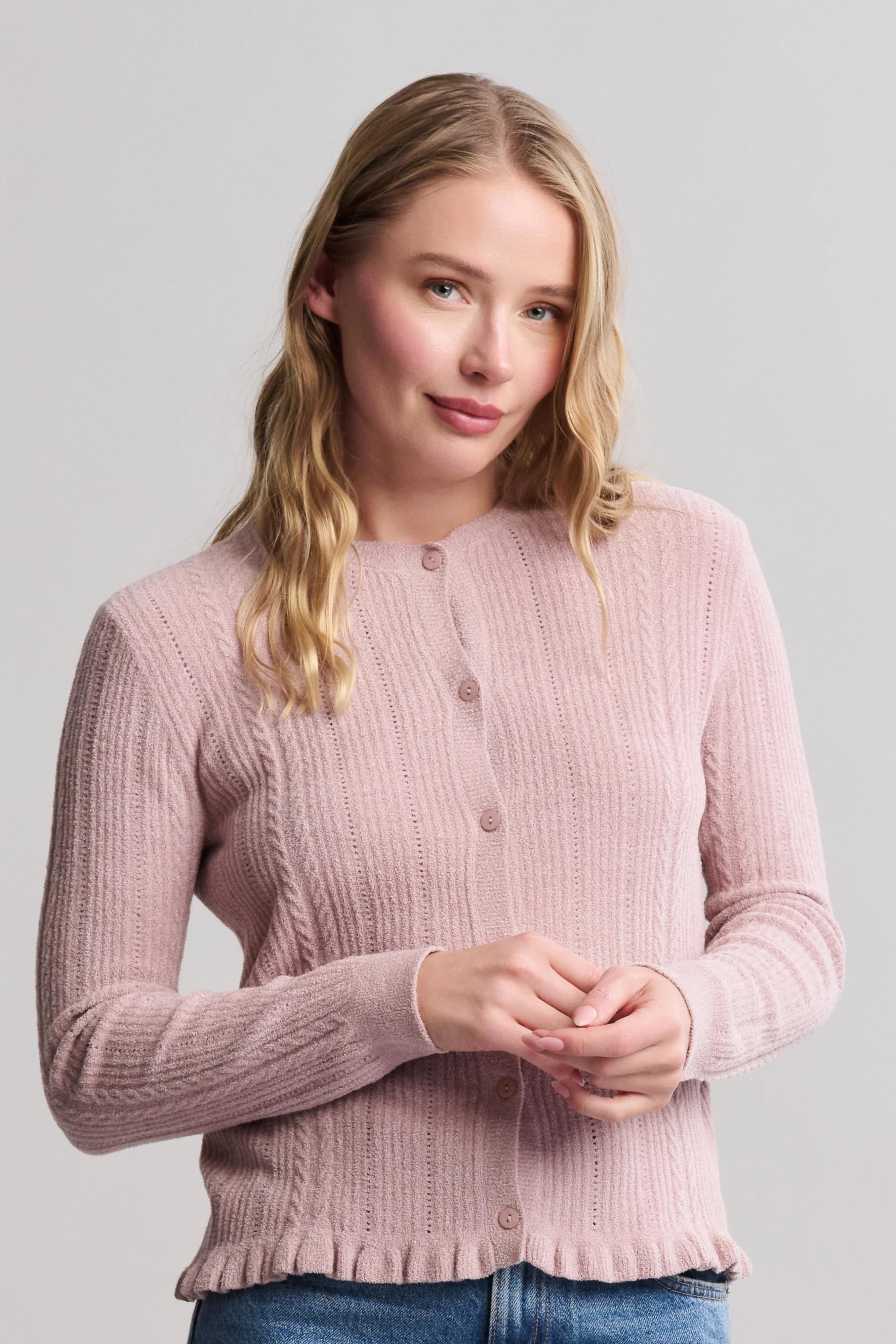 CozyChic Ultra Lite Cable Knit Cardigan with Ruffle