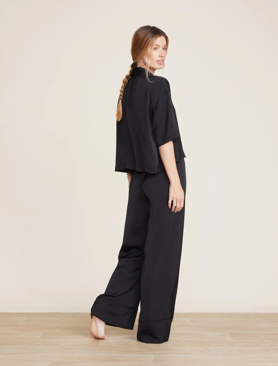 Washed Satin Piped Wide Leg Pant