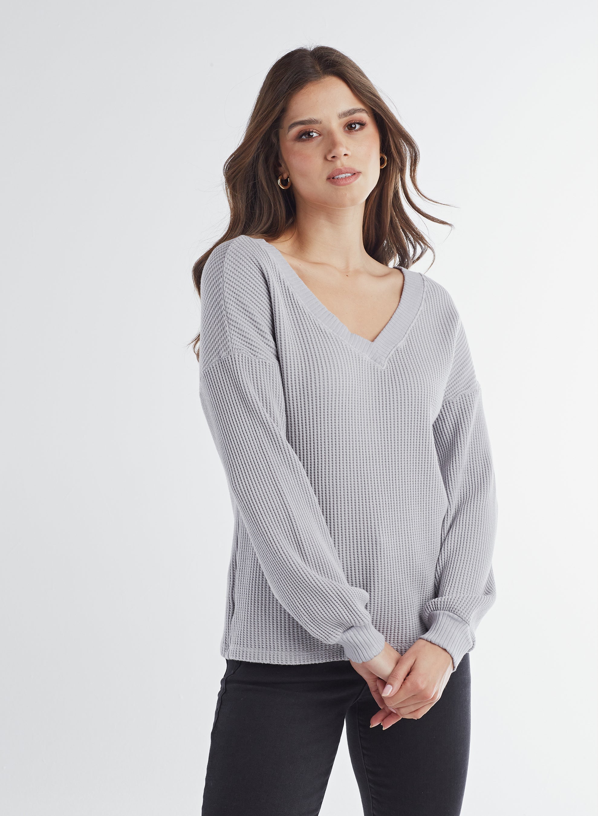 Waffle V-Neck Long Sleeve