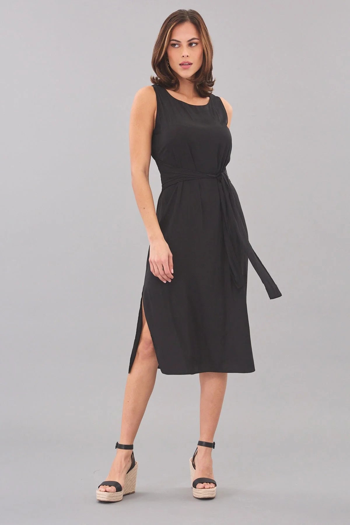 Belted D-Satin Midi Dress