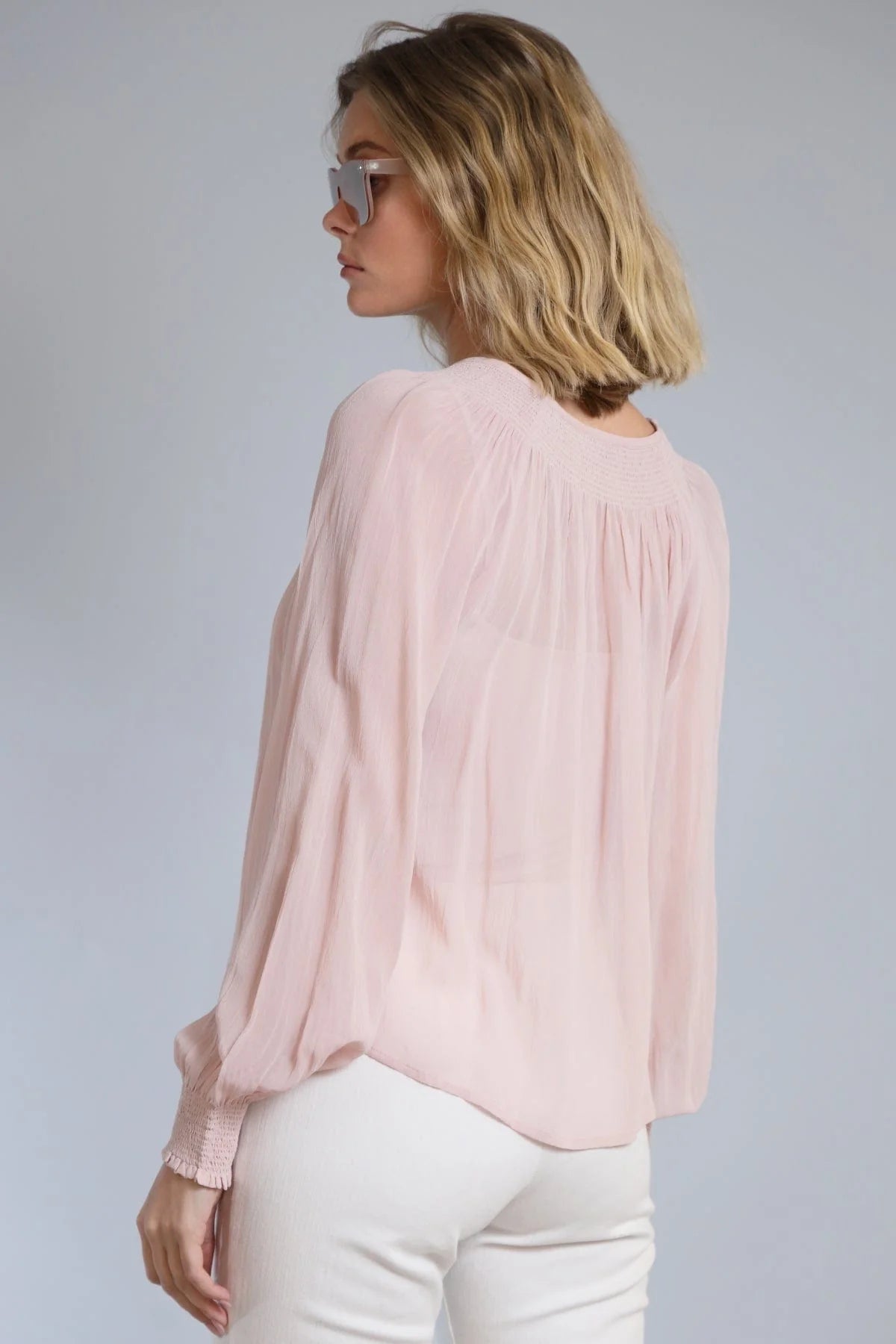 Smocked Neckline Long Sleeve Top