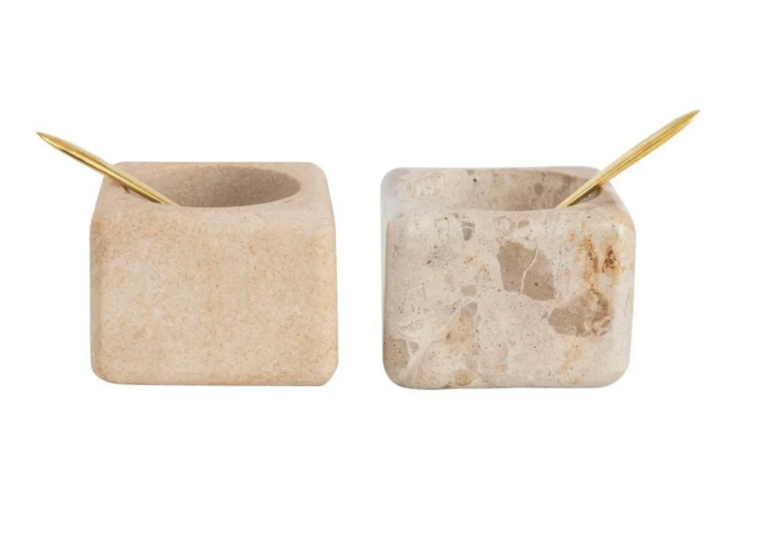 Marble Pinch Pot w/ Brass Spoon, Set/2