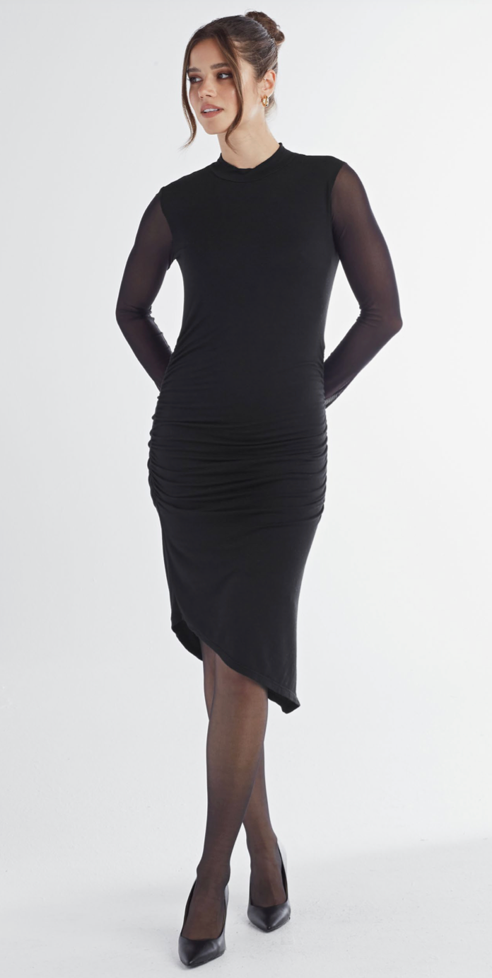 Mesh Sleeved Ruched Dress